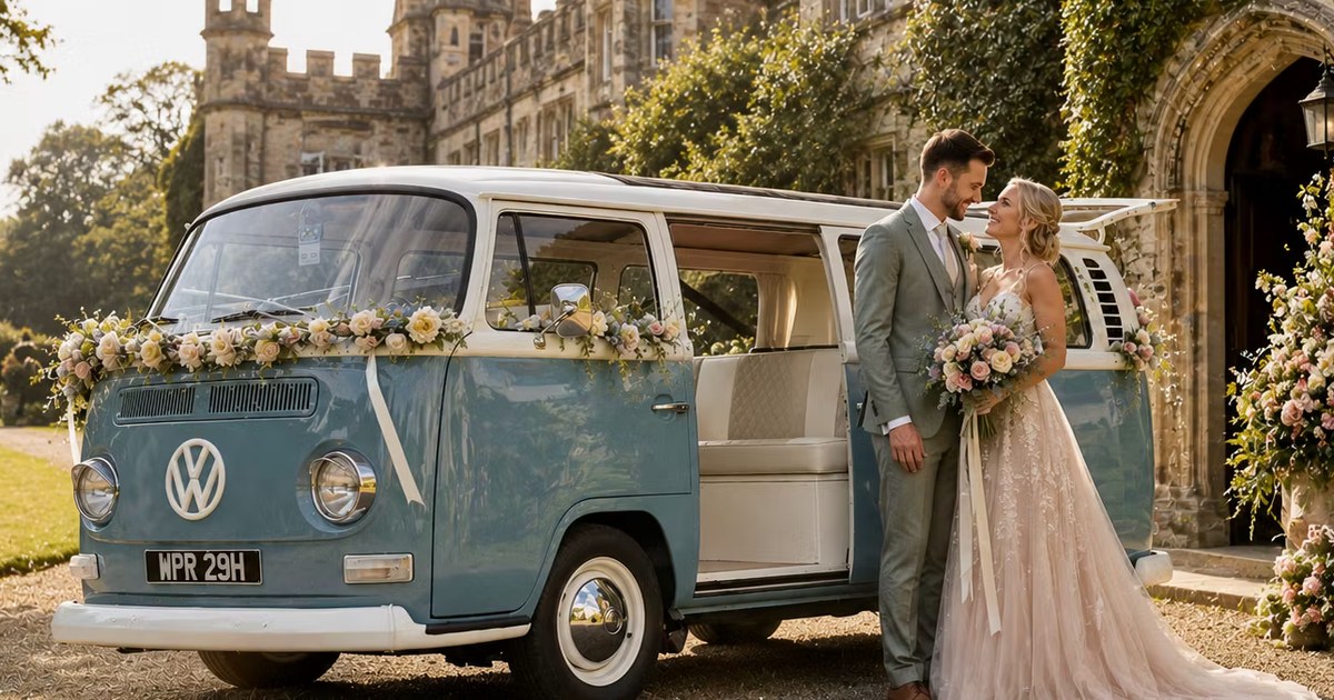 Edna the blue and cream VW camper wedding car dressed with ribbons outside a Lancashire wedding venue