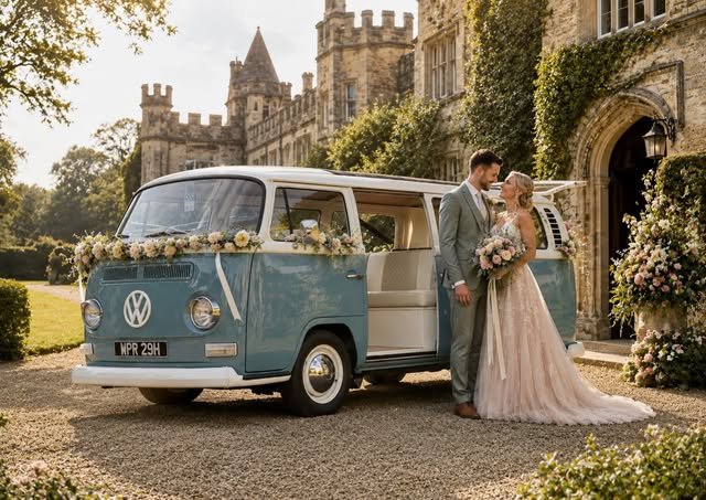 Bride and groom beside Edna, the blue and cream VW camper wedding car, outside a Ribble Valley castle wedding venue