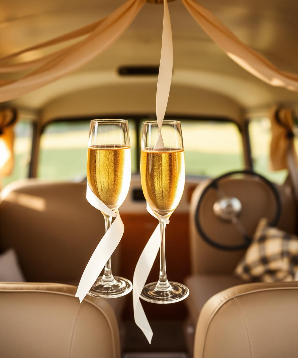 Chilled prosecco and glasses set out inside the VW camper wedding car